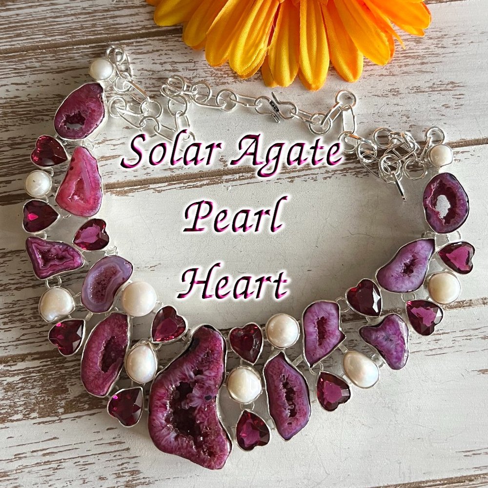 Solar Agate Pearl Heart Necklace Handmade Stone Gemstone 925 Silver Large Ethnic - Picture 2 of 15